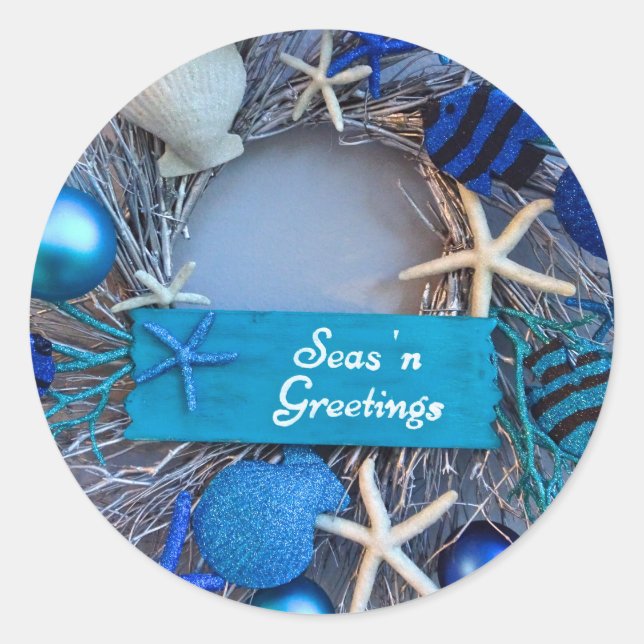Tropical Coastal Seashell Holiday Christmas Classic Round Sticker (Front)