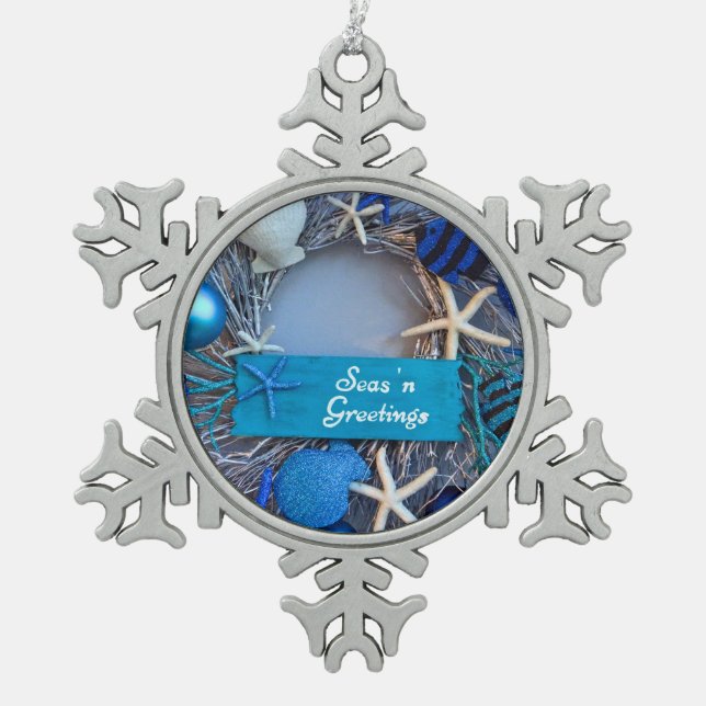 Tropical Coastal Seashell Holiday Snowflake Pewter Christmas Ornament (Front)