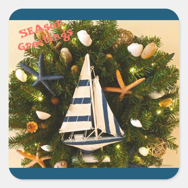 Tropical Coastal SEAson Greetings Christmas Square Sticker (Front)