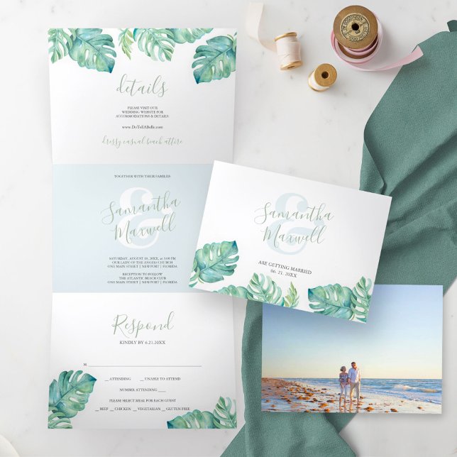 Tropical Coastal Tri-Fold Wedding Invitation. (All in one destination wedding invitations watercolor tropical palm leaf art by Victoria Grigaliunas)