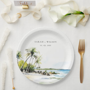 Tropical Coastal Watercolor Destination Wedding Paper Plate