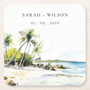 Tropical Coastal Watercolor Destination Wedding Square Paper Coaster