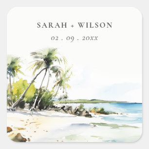 Tropical Coastal Watercolor Destination Wedding Square Sticker