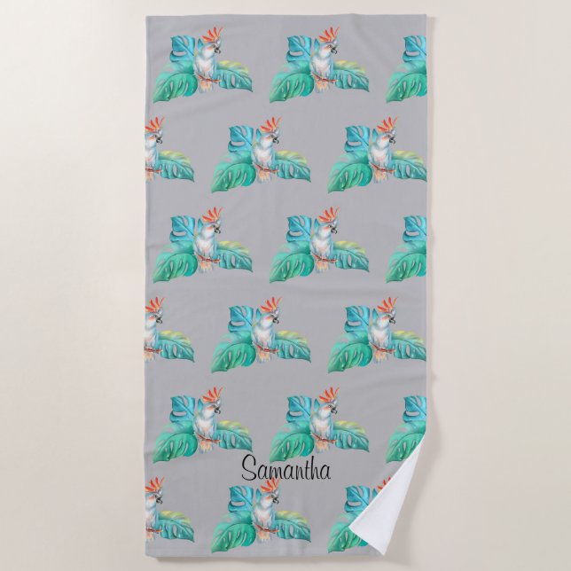 Tropical Cockatoo Parrot Personalised Beach Towel (Front)