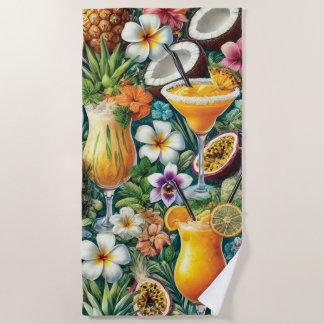 Tropical Cocktail and Floral Design Beach Towel