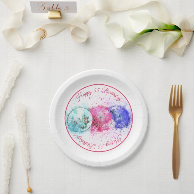Tropical Cocktail Drink Umbrellas 55th Birthday Paper Plate (Wedding)