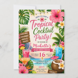 Tropical Cocktail Party Beach 21st Birthday Invitation