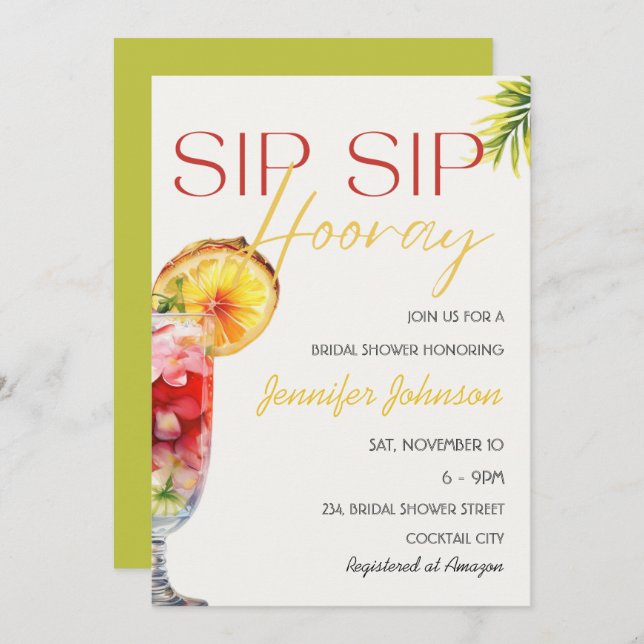 Tropical Cocktail Sip Sip Hooray Bridal Shower Invitation (Front/Back)