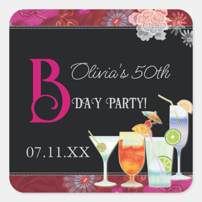 Tropical Cocktails Birthday Party Favours Square Sticker (Front)