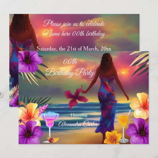Tropical Cocktails purple Hibiscus palms Birthday Invitation (Front/Back)