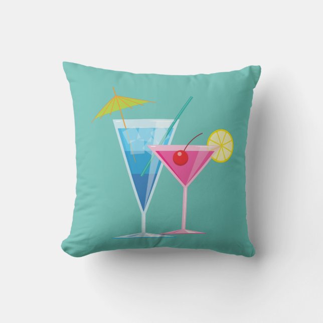 Tropical Cocktails Summer Pillow on Turquoise (Front)