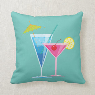 Tropical Cocktails Summer Pillow on Turquoise