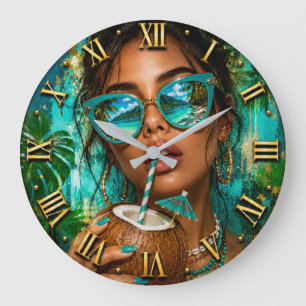 Tropical Coconut Beach Woman Portrait Large Clock