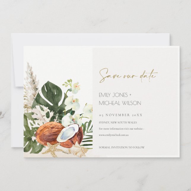 Tropical Coconut Orchids Palm Save The Date Card (Front)