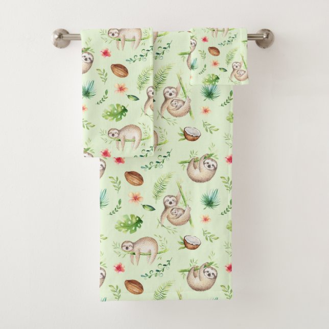 Tropical Coconut Sloth Pattern Bath Towel Set (Insitu)
