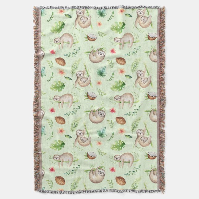 Tropical Coconut Sloth Pattern Throw Blanket (Front Vertical)