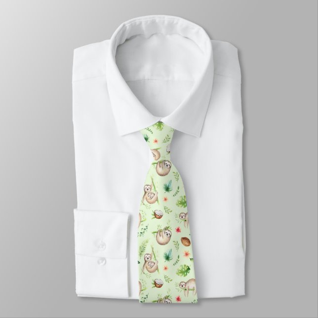 Tropical Coconut Sloth Pattern Tie (Tied)