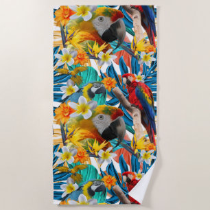 Tropical Collage Parrot Macaw Colourful Botanical Beach Towel