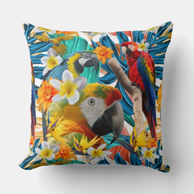 Tropical Collage Parrot Macaw Colourful Botanical Cushion (Front)