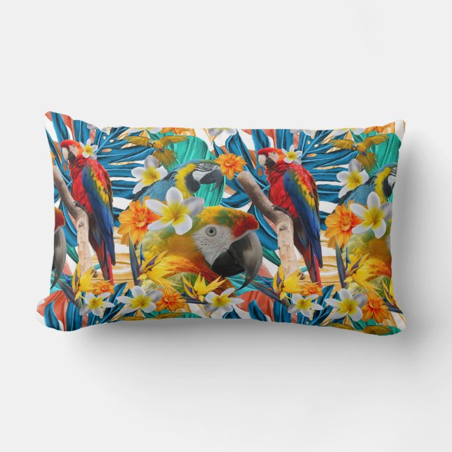 Tropical Collage Parrot Macaw Colourful Botanical Lumbar Cushion (Front)