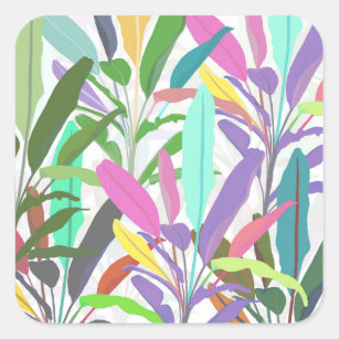 Tropical Colorful Banana Leaves White Pattern Square Sticker