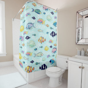Tropical Colorful  Fish Sea life and Words Design Shower Curtain
