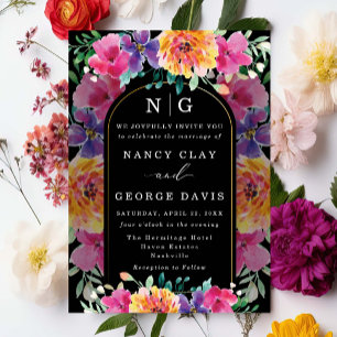 Tropical Colorful Floral Monogram Black Wedding Invitation