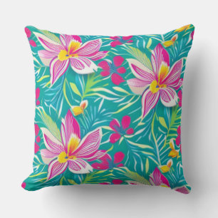 Tropical Colorful Florals Teal, Pink, Yellow Cushion