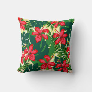 Tropical colorful jungle hibiscus red and green cushion