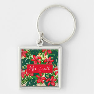 Tropical colorful jungle hibiscus red and green key ring