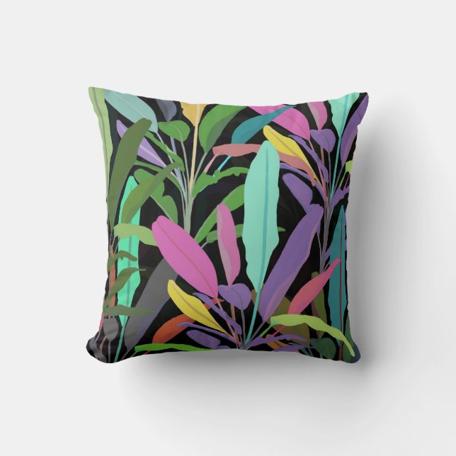 Tropical Colourful Banana Leaves Black Pattern Cushion (Front)