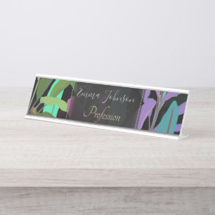Tropical Colourful Banana Leaves Black Pattern Desk Name Plate