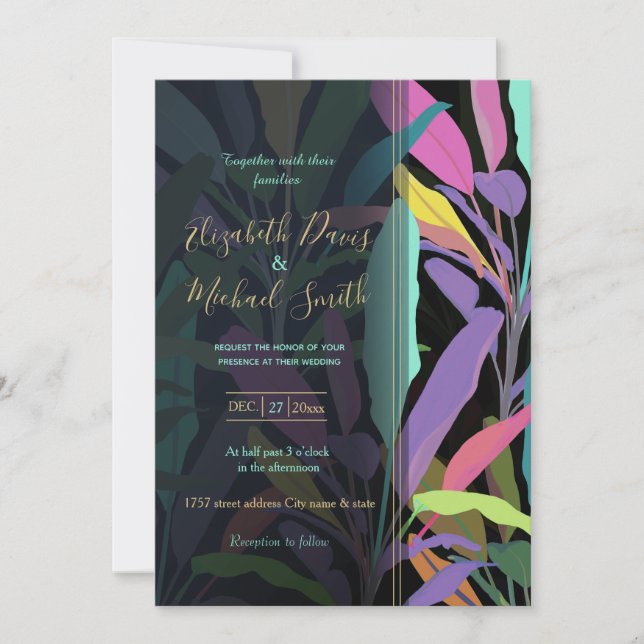 Tropical Colourful Banana Leaves Black Pattern Invitation (Front)