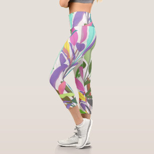 Tropical colourful banana leaves white Pattern Capri Leggings