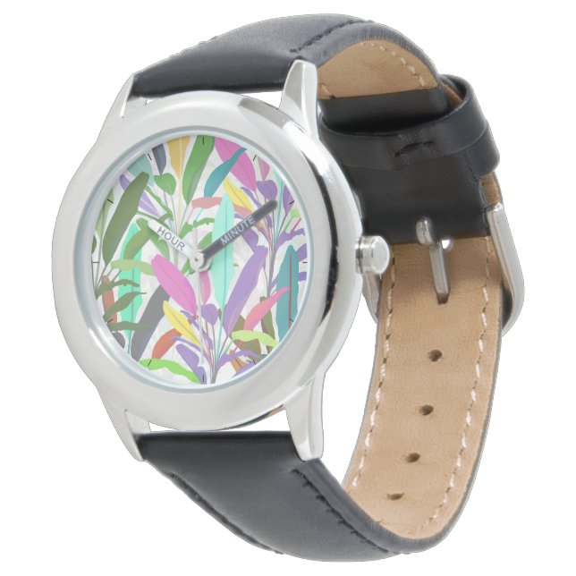 Tropical Colourful Banana Leaves White Pattern Watch (Angled)