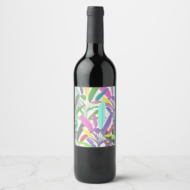 Tropical colourful banana leaves white Pattern Wine Label (Front)