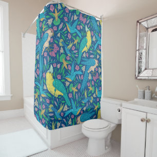 Tropical Colourful Birds & Flowers Pattern Shower Curtain