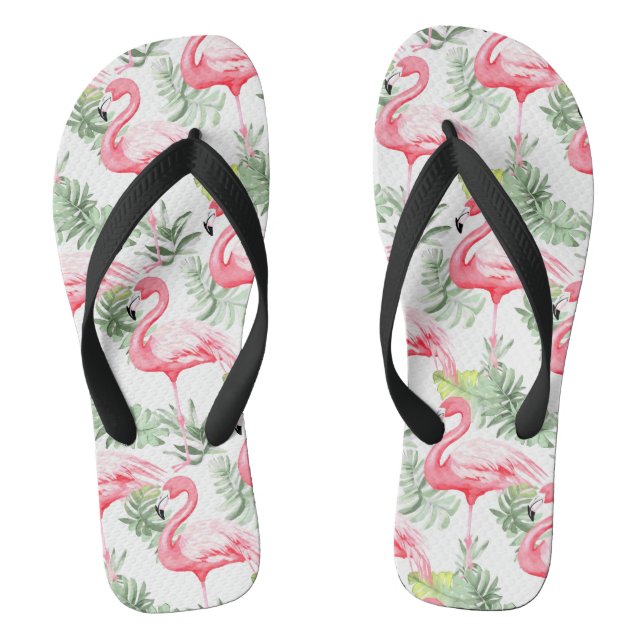 Tropical Colourful Flamingo and Leaves Flip Flops (Footbed)
