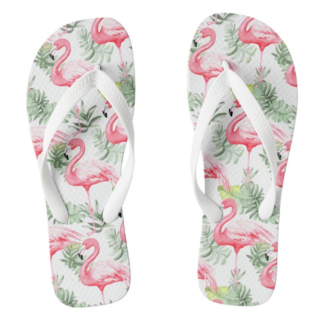 Tropical Colourful Flamingo and Leaves Flip Flops (Footbed)