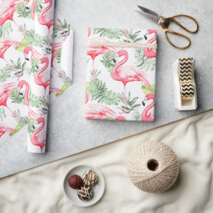 Tropical Colourful Flamingo and Leaves Pattern Wrapping Paper