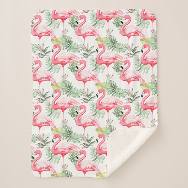 Tropical Colourful Flamingo and Leaves Sherpa Blanket (Front)