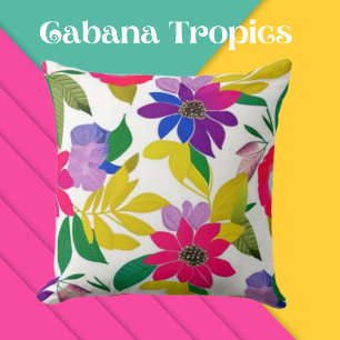 Tropical Colourful Florals Pink, Purple, Yellow Cushion