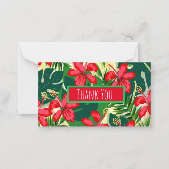 Tropical colourful jungle hibiscus red and green card (Front)