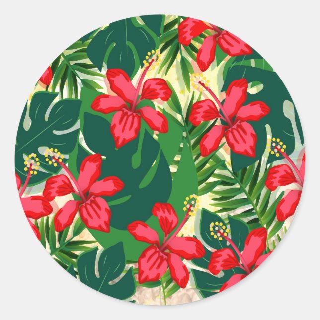 Tropical colourful jungle hibiscus red and green classic round sticker (Front)