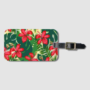 Tropical colourful jungle hibiscus red and green luggage tag