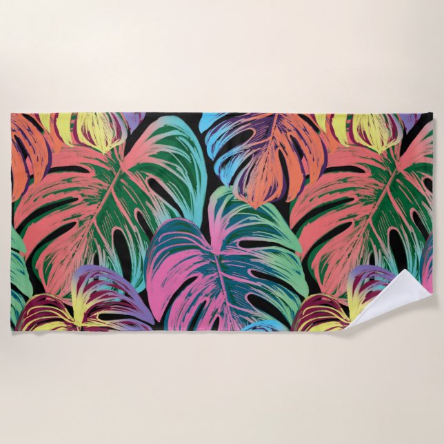 Tropical colourful monstera leaf on black  beach towel (Front)