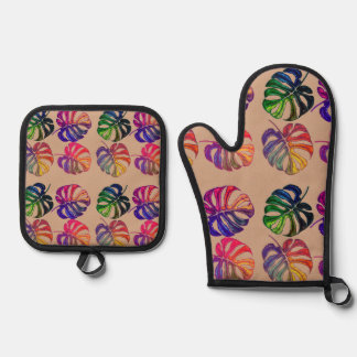 Tropical colourful monstera leaf oven mitt & pot holder set