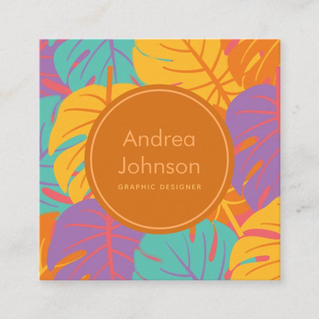 Tropical Colourful Palm Leaves Exotic Summer Theme Square Business Card (Front)