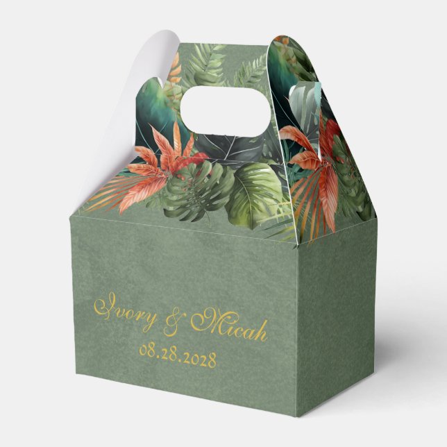 Tropical Colourful Palm Leaves Gold Wedding Custom Favour Box (Front Side)
