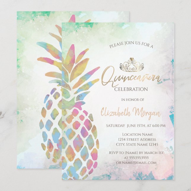 Tropical Colourful Pineapple Palm Summer Invitation (Front/Back)